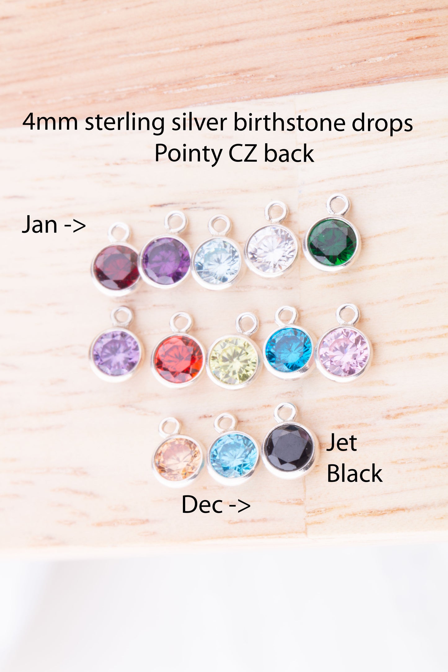 4mm - Sterling Silver Birthstone CZ Charms, AAA Top Quality Cubic Zirconia Bezel Charm, Permanent Jewelry Supply,  Bulk CZ Birthstone Charms