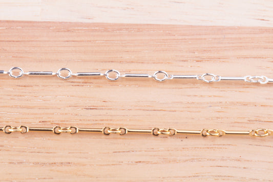 Tiny Straight Bar and Link Unfinished Chain by Foot in Sterling Silver, Gold Filled, Great for Permanent Jewelry, Add Connector Charms