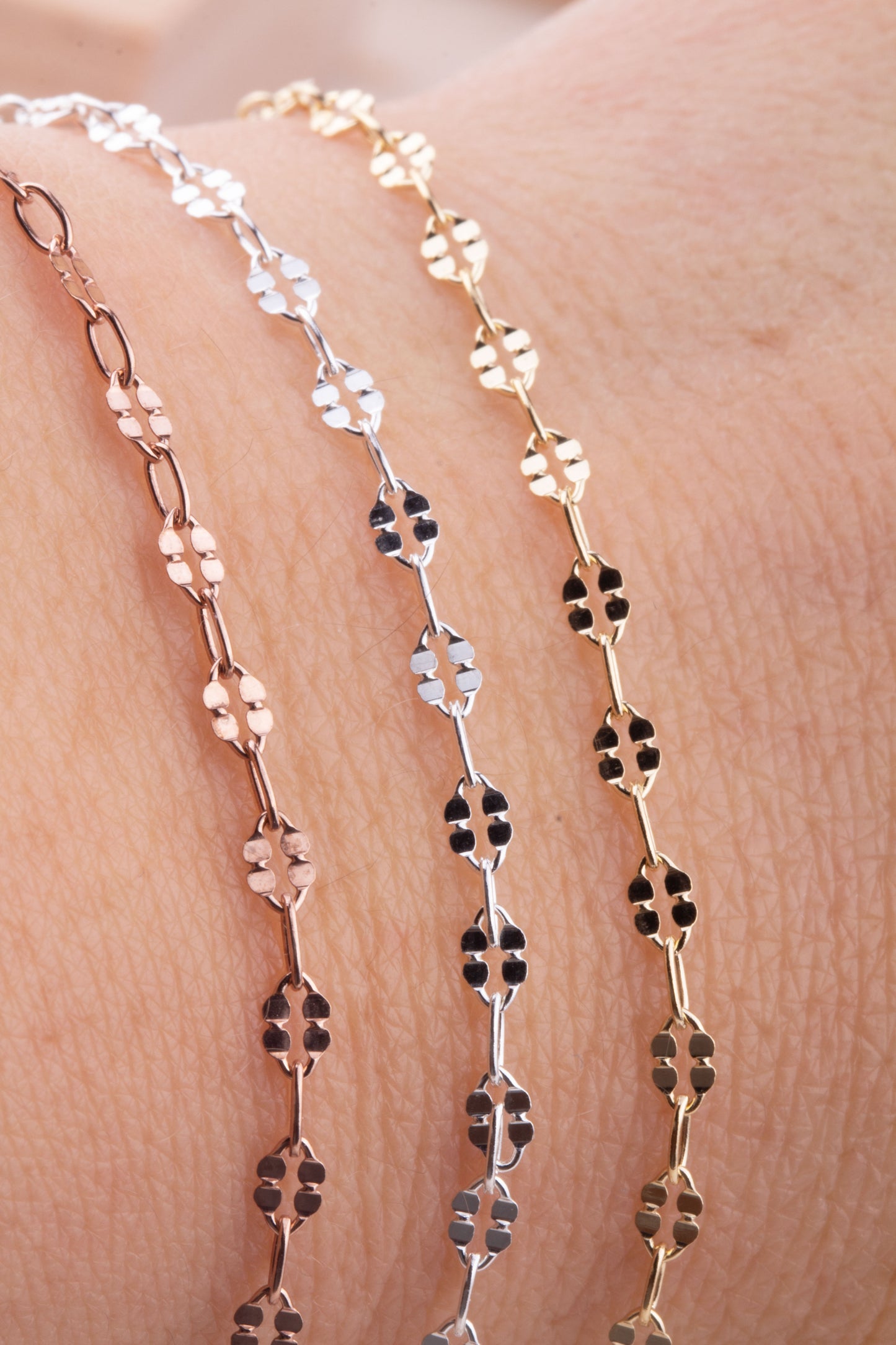 Tiny Lace Dapped Chain by Foot in Sterling Silver, Gold Filled, Rose Gold Filled, Great for Permanent Jewelry, Dainty Lace Chain