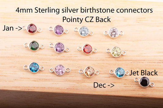 4mm - Sterling Silver Birthstone Connectors, AAA Top Quality Cubic Zirconia Bezel Charm, Permanent Jewelry Supply, CZ Birthstone Connectors