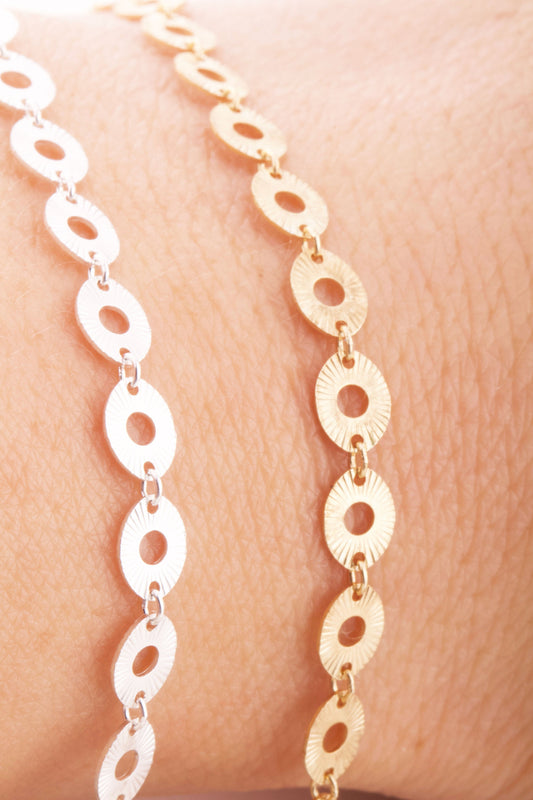 Flat Oval Sun Texture Chain by Foot in Sterling Silver, Gold Plated on Sterling Silver, Permanent Jewelry, Permanent Bracelet, Anklet